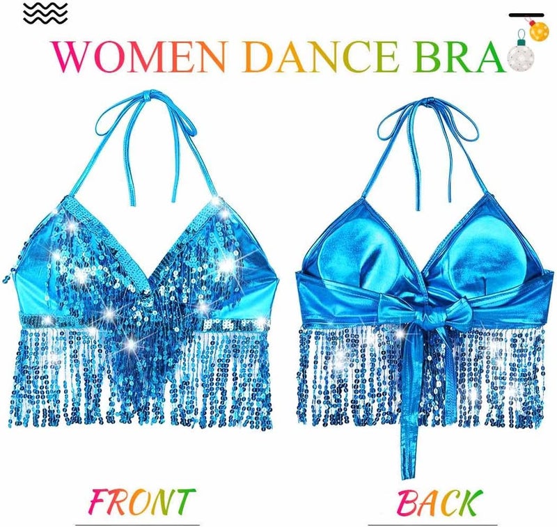 Nicute Silver Sequin Top Fringe Bra Top Sparkly Belly Dance Tops for Women - Image 3